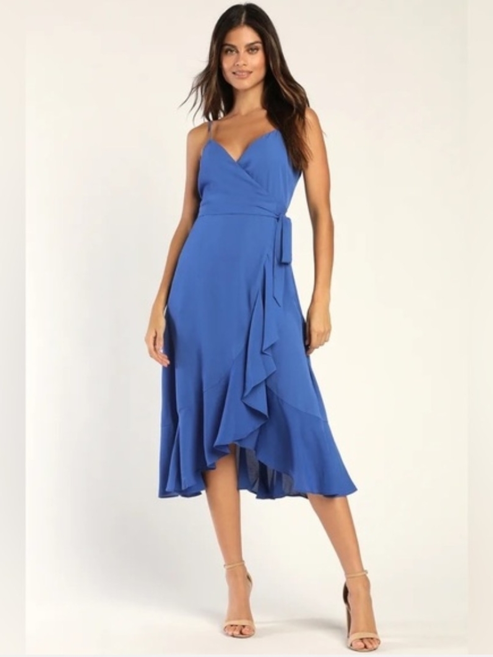 Lulus Manhattan Moment Blue Ruffled Midi Wrap Dress